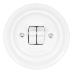 Włącznik światła schodowy podwójny kołyskowy ceramiczny, okrągły z ramką, podtynkowy biały Ceramic Loft