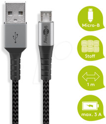 49282 Sync and charging cable, USB-A -> micro B, 1.0 m, textile, black