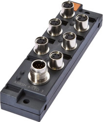 Rozdzielacz, 29x113x30mm, 10-30V DC, 6x M8 3pin, M12 12pin, IP67, PBT, z wyświetlaczem LED, 1,5A, VK001022