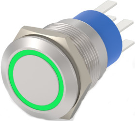 Vandal-proof pushbutton switch, 2 pole, silver, illuminated  (green), 5 A/250 V, mounting Ø 19.2 mm, IP67, 7-2213767-5