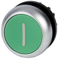Pushbutton, unlit, groping, waistband round, green, front ring silver gray, mounting Ø 22.5 mm, 216607