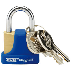 Draper 64164 32mm Solid Brass Padlock &amp; 2 Keys w Hardened Steel Shackle &amp; Bumper