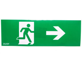 Piktogram PM25 100x300 człowiek w drzwiach strzałka prawo logo awex (ISO7010)