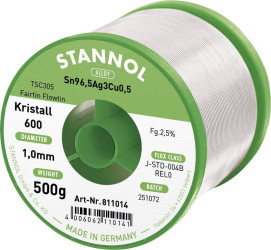 Cyna lutownicza bezołowiowa Stannol Kristall 600 Fairtin bezołowiowa Sn96,5Ag3Cu0,5 REL0 500 g 1 mm