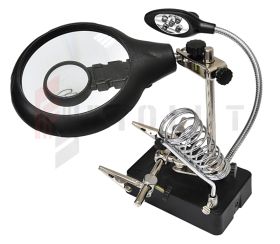 Uchwyt trzecia ręka z lupą, lampka 5x LED, uchwyt na lutownice, podstawka USB