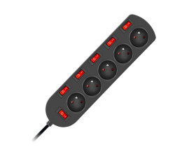 Przedłużacz 3x1mm 5 gniazd + 6 wyłączników 1,5m czarny EPS-501,5W6-2