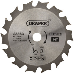Draper 28363 TCT Multi-Purpose Circular Saw Blade, 165 x 20mm, 14T