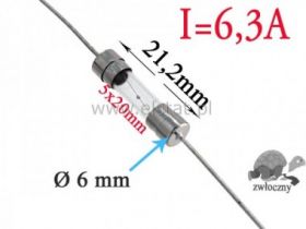 6,3A bezpiecznik szklany wolny; 5x20mm osiowy 2szt