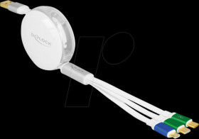 85358 Charging cable, 3in1, A to 1x Micro-B, 2x C, reel, white, 1.13 m