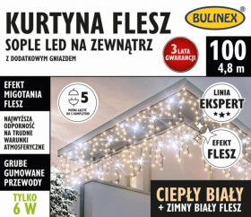 Kurtyna świetlna zewnętrzna 100 LED SOPLE z gn. biały ciepły/flesz 4,8m szer. + 1,5m, łącz. max 5 kpl. 230V 6W IP44 25-338