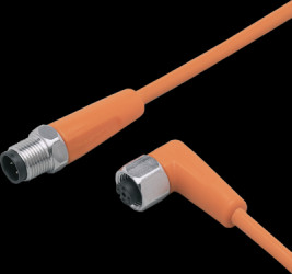 Sensor actuator cable, M12 cable plug, straight, A to M12 cable socket, angled, A, 3 pole/5 pole, 0.3 m, PVC, orange, 4 A, EVT02