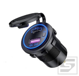 Ładowarka GH-DS138;QC 3.0+PD USB; włącznik;LED niebieski;12-24VDC