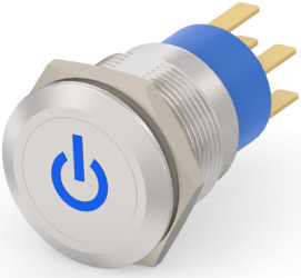 Vandal-proof pushbutton switch, 2 pole, silver, illuminated  (blue), 0.4 A/250 VAC, mounting Ø 19.2 mm, IP67, 7-2213766-8