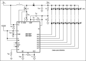 Integrated 8-Channel LED Driver with Switch-Mode Boost and SEPIC Controller