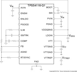 Automotive DDR Power Solution with 4-A, 2-MHz VDDQ DC/DC Converter, 1-A VTT LDO and VTTREF