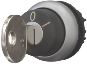 Key switch, unlit, latching, waistband round, black, front ring silver gray, 60°, trigger position 0 + 1, mounting Ø 22.5 mm, 11