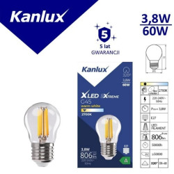 Żarówka LED E27 XLEDEX G45E27 3,8W-WW 806lm 2700K barwa ciepła 5 lat Gwar. 37344