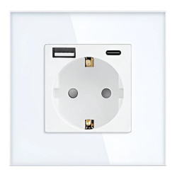 Gniazdo szklane pojedyncze Schuko z USB A+C 20W - białe - Tawoia Glass