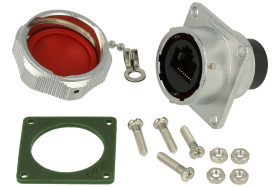 Gniazdo; RJ45; WY24KRJ45Z; na panel z kołnierzem; z osłonką; proste; 24mm; srebrno-czarny; złocone; IP67; stop cynku chromowany;