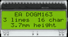 LCD text display, 3 x 16 character, STN, viewing area: 51 x 14.5 mm, EA DOGM163L-A