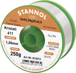 Cyna lutownicza bezołowiowa Stannol Kristall 611 Fairtin bezołowiowa Sn96,5Ag3Cu0,5 REM1 250 g 1 mm