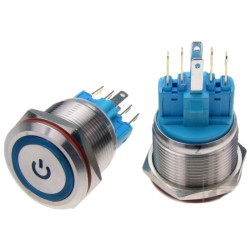 Przełącznik przycisk chwilowy podś. 9-24V niebieski 22mm. chrom 230V 2A 2-poz 1-tor 1xNO+NC LB22MP-BLUE