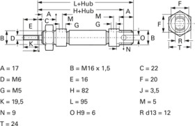 Miniature cylinder, double-acting, 1 to 10 bar, Kd. 16 mm, Hub 25 mm, 26.29.025
