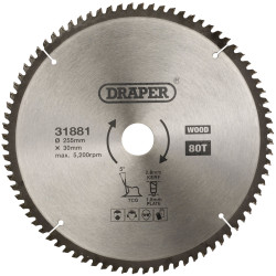 Draper 31881 TCT Triple Chip Grind Circular Saw Blade, 255 x 30mm, 80T