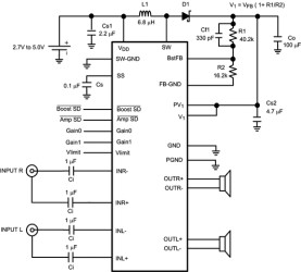 2.7-W, stereo, analog input Class-D audio amp with integrated boost & EMI spread spectrum