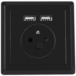 Gniazdo zasilające podtynkowe pojedyncze 2P+Z 16A + gniazdo ładowania 2x USB (5V / 2,1A) czarna KOMPLETNE Lanberg