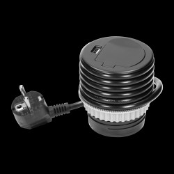 Gniazdo meblowe Ø6cm wpuszczane w blat z pokrywką. ładowarką USB i przewodem 1.9m. 1x2P+Z. 1xUSB. czarne. wersja Schuko OR-AE-13