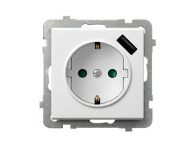 SONATA Gniazdo pojedyncze z uziemieniem schuko z przesłonami torów prądowych z ładowarką USB biały GP-1RSPUSB/m/00 OSPEL