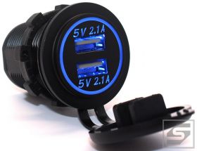 Podwójna ładow.samoch.USB;5V;2x2.1A 12V;podśw.niebieski;ot.29mm;gniazdo