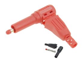 Wtyk bananowy; 4mm; 25.504.1; czerwony; kątowy; bezpieczny; 40mm; lutowany; 32A; 1000V; mosiądz niklowany; PA; Amass; RoHS