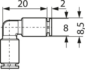Angle plug-in connection, L 20 mm, for 4 x 1 and 4 x 0.65 tubing, 52.040