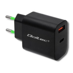 Qoltec Ładowarka sieciowa 18W 5-12V 1.5-3A USB typ C PD USB QC 3.0 Czarna