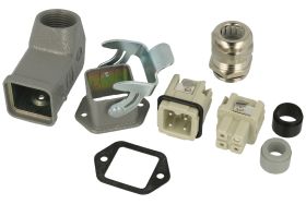 Złącze gniazdo+wtyk; Han Kit; 10200030005; 3 tory; 3A; metal; kątowe 90°; wtyk w obudowie na przewód; śrubowy; z 1 klamrą; 10A;