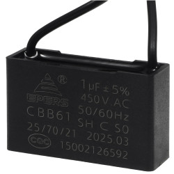 Kondensator rozruchowy do silnika 1uF 450VAC, przewody 20cm, 36x11x22mm