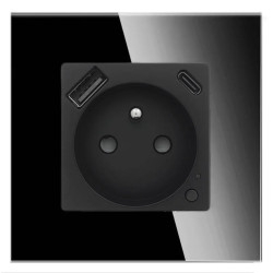 Gniazdko pojedyncze z bolcem, 2x USB A+C 20W - watomierz - ZigBee - szklana ramka - czarny - Tawoia Glass