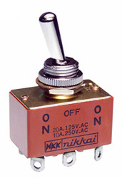 Przełącznik Wł.-wył.-wł. średnica wycięcia 12.5mm DPDT NKK Switches Montaż panelowy długość przełącznika 17.5mm