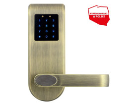 Szyld z kontrolą dostępu "EURA" ELH-82B9/BRASS z czytnikiem RFID MIFARE BLUETOOTH szyfrator uniwersalny rozstaw śrub APLIKACJA M