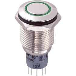 Zip Switch LAS2GQF-22E/G/12V/N/P 16mm IP67 Vandal DPDT Green LED Flush Brass