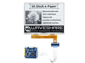 Waveshare 10.3inch e-Paper e-Ink Display HAT For Raspberry Pi, 1872×1404, Black / White, 16 Grey Scales, USB / SPI / I80