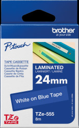 TZE-555 Laminated labelling tape, white on blue, 24 mm