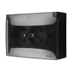 Simon Aquaclick Gniazdo IP44, podwójne kompaktowe z uziem., klapka transparentna z przesł. torów prąd czarny ACGZ2Z/49A