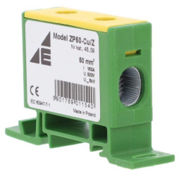 Blok rozdzielczy-odgałęźny 1-polowy CU 16-50mm2 żółto-zielony montaż płaski i na szynę TH ZP50 Cu / z 48.59