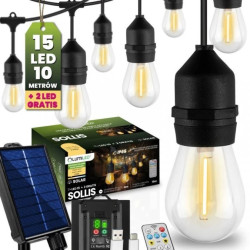 Girlanda Solarna Ogrodowa 15x LED Ozdobne Żarówki 10m + PILOT IP65 2700K Ciepła SOLLIS LUMILED