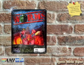 WORMS - Amiga Video Game Artwork on Rustic - Metal Sign