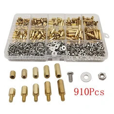 Zestaw 910 sztuk miedzianych dystansów,śrub,nakrętek i podkładek M3,dystanse od 6 mm do 14 mm do montażu PCB w projektach DIY el