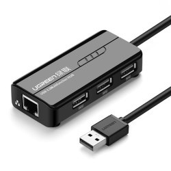 Karta sieciowa USB 2.0/RJ45 +HUB 3xUSB UGREEN 20264, Czarny